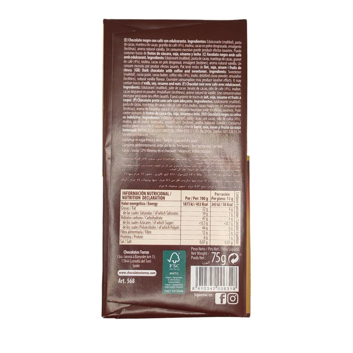 Xocolata Negra amb Cafè sense sucre - 75g - Torras 