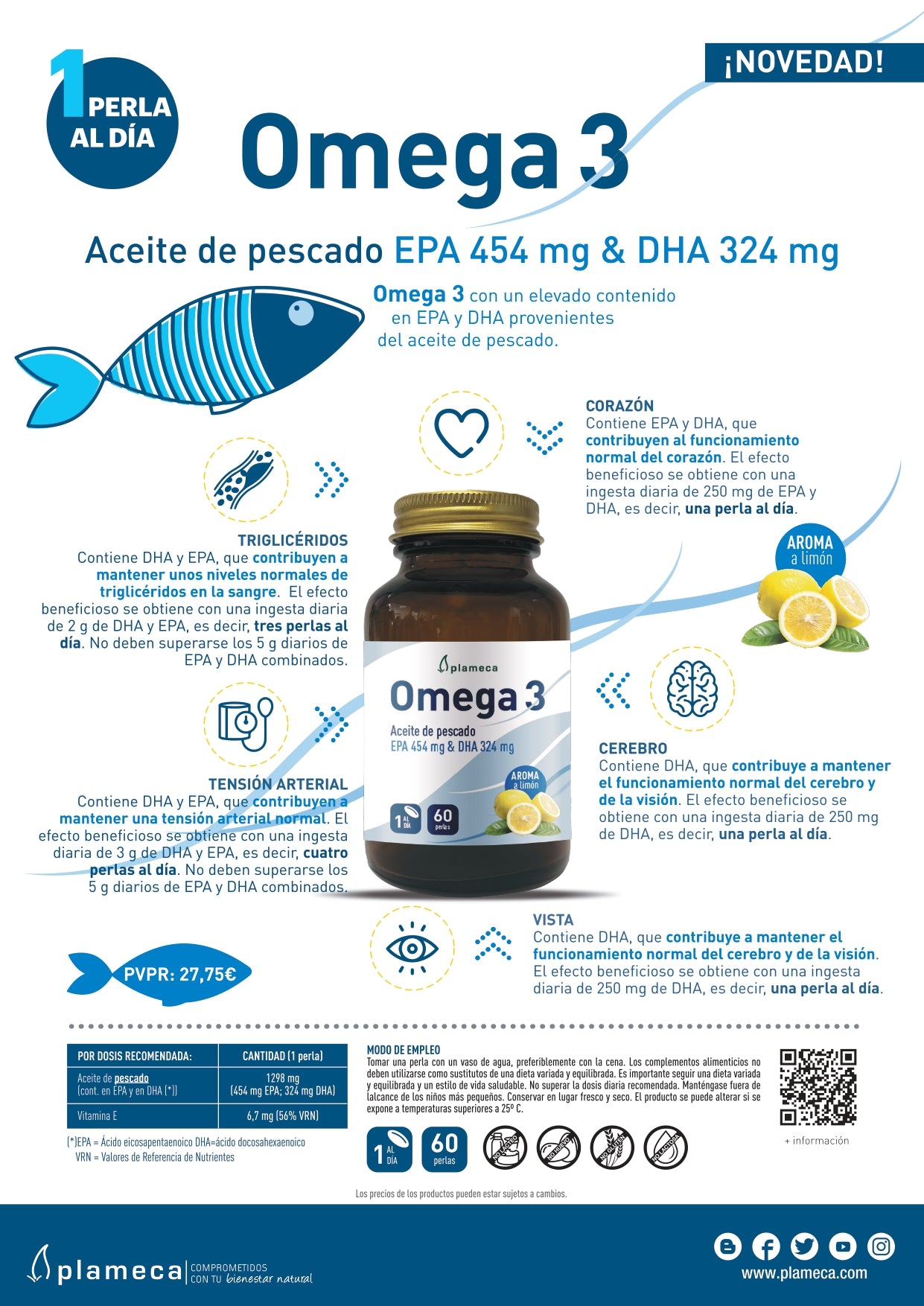 Omega 3 EPA y DHA - 60 perlas - Plameca