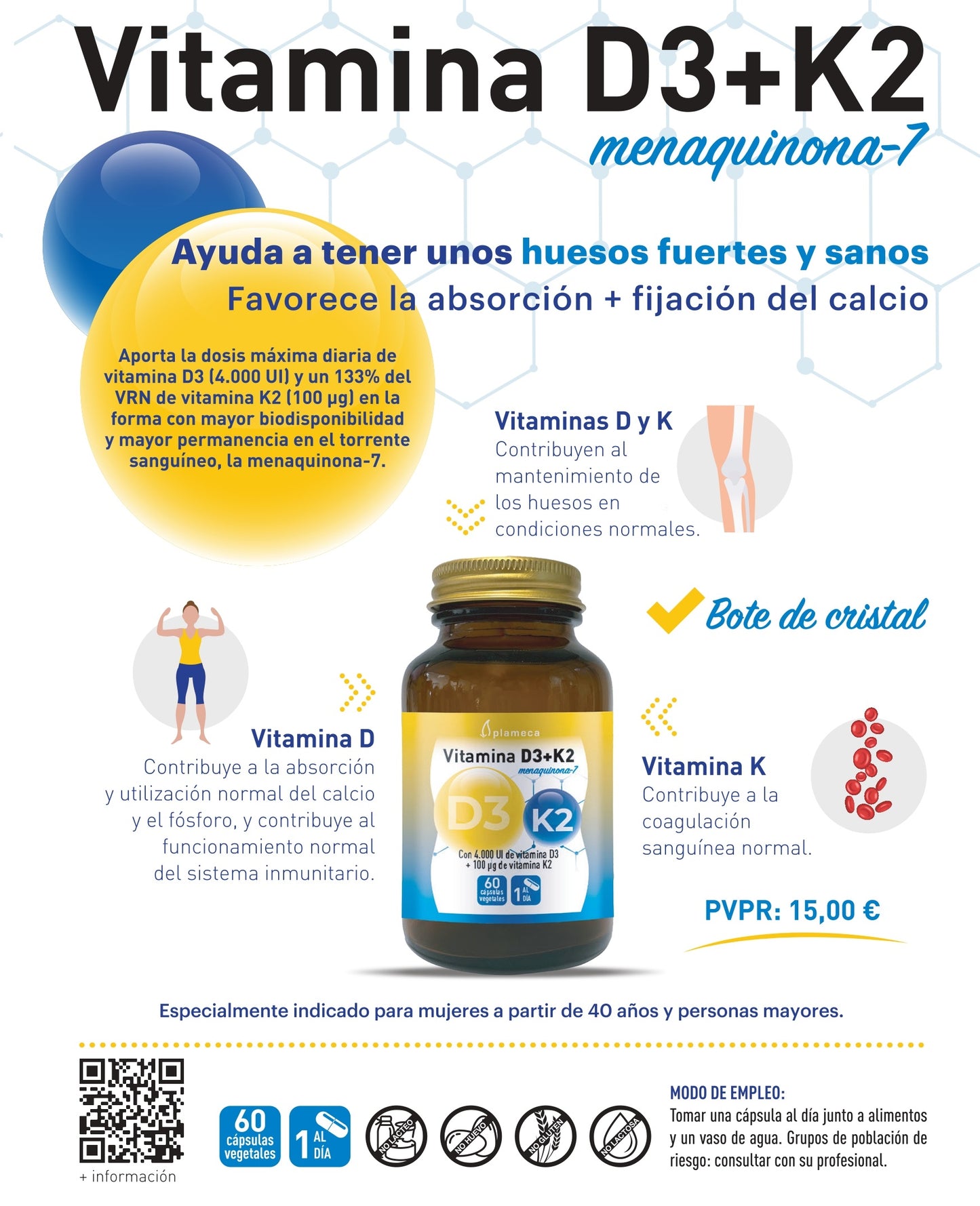 Vitamina D3 + K2 - 60 càpsules - Plameca