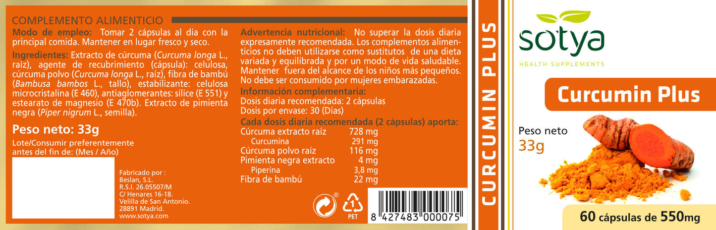 Curcumin Plus - Suplemento de cúrcuma - Sotya - 60 cápsulas